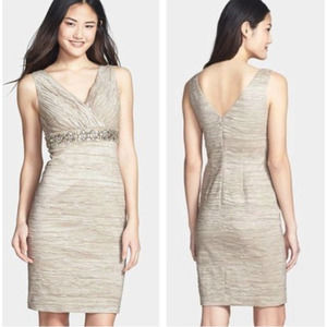 Eliza J Amber Rhinestone Embellished Waist Crinkled Taffeta Sheath Dress Gown 14